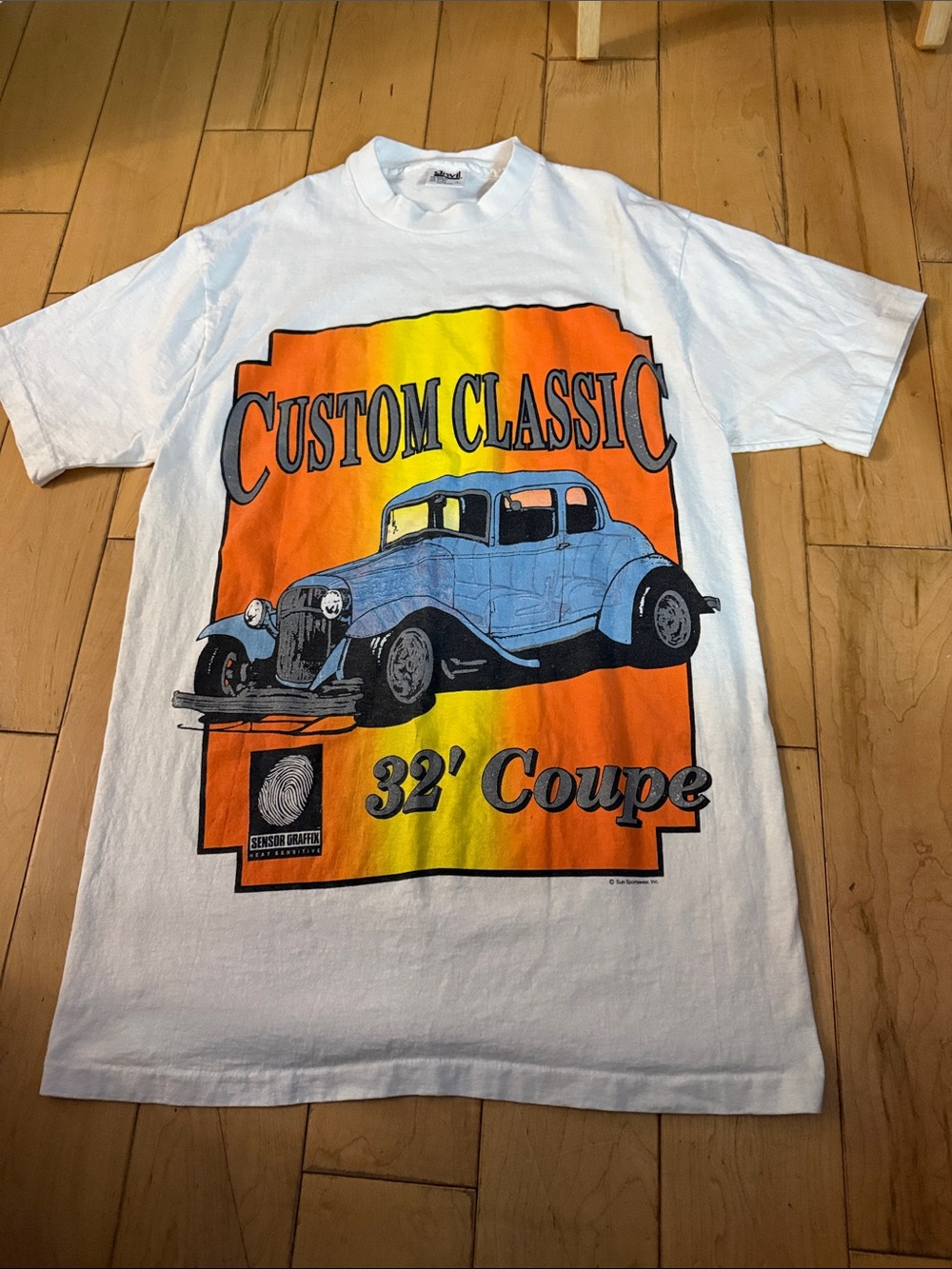 Anvil White Tee with Orange and Yellow Vintage Car Graphic